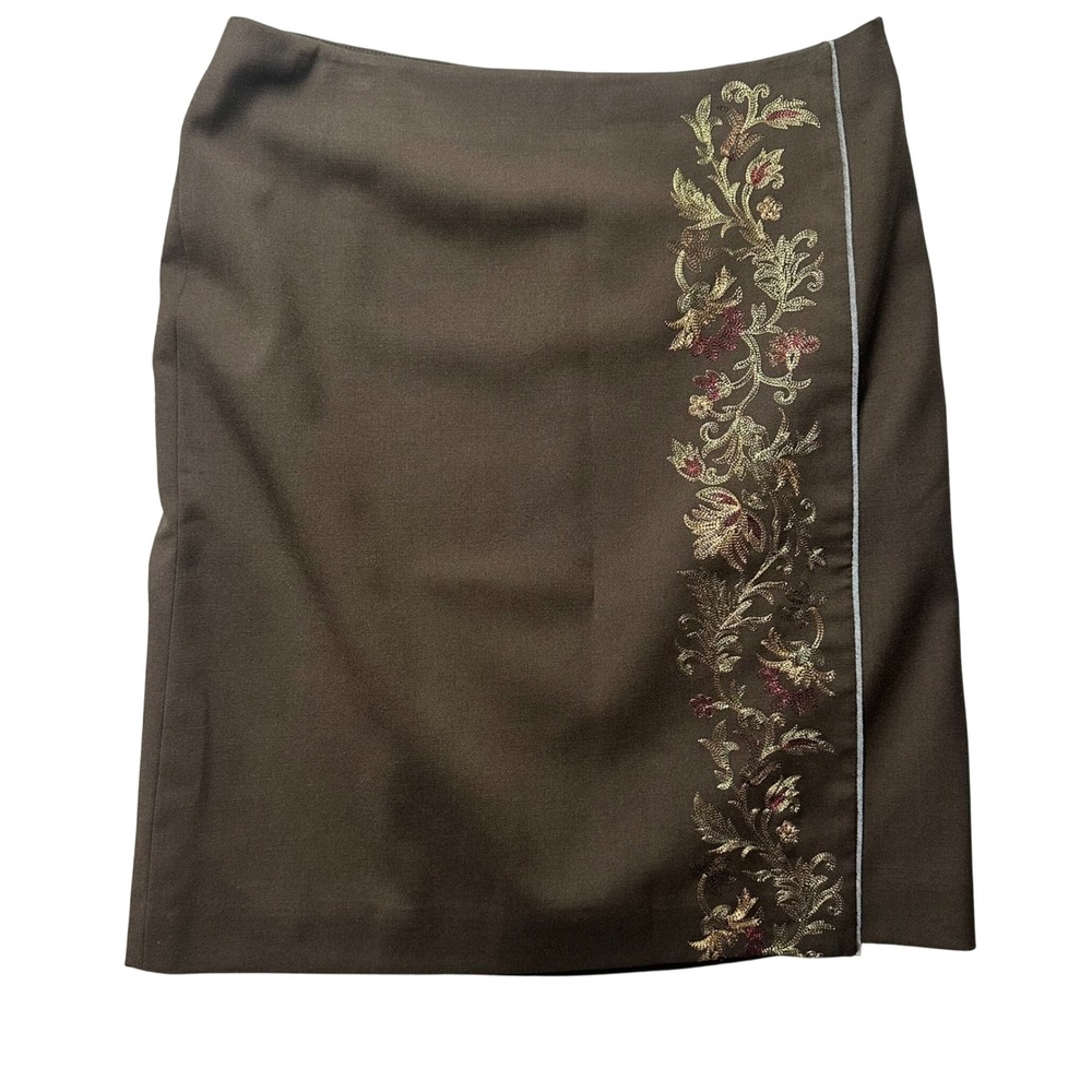 Ann Taylor LOFT Petites Brown Embroidered Wool Blend Pencil‎ Skirt Size 10P